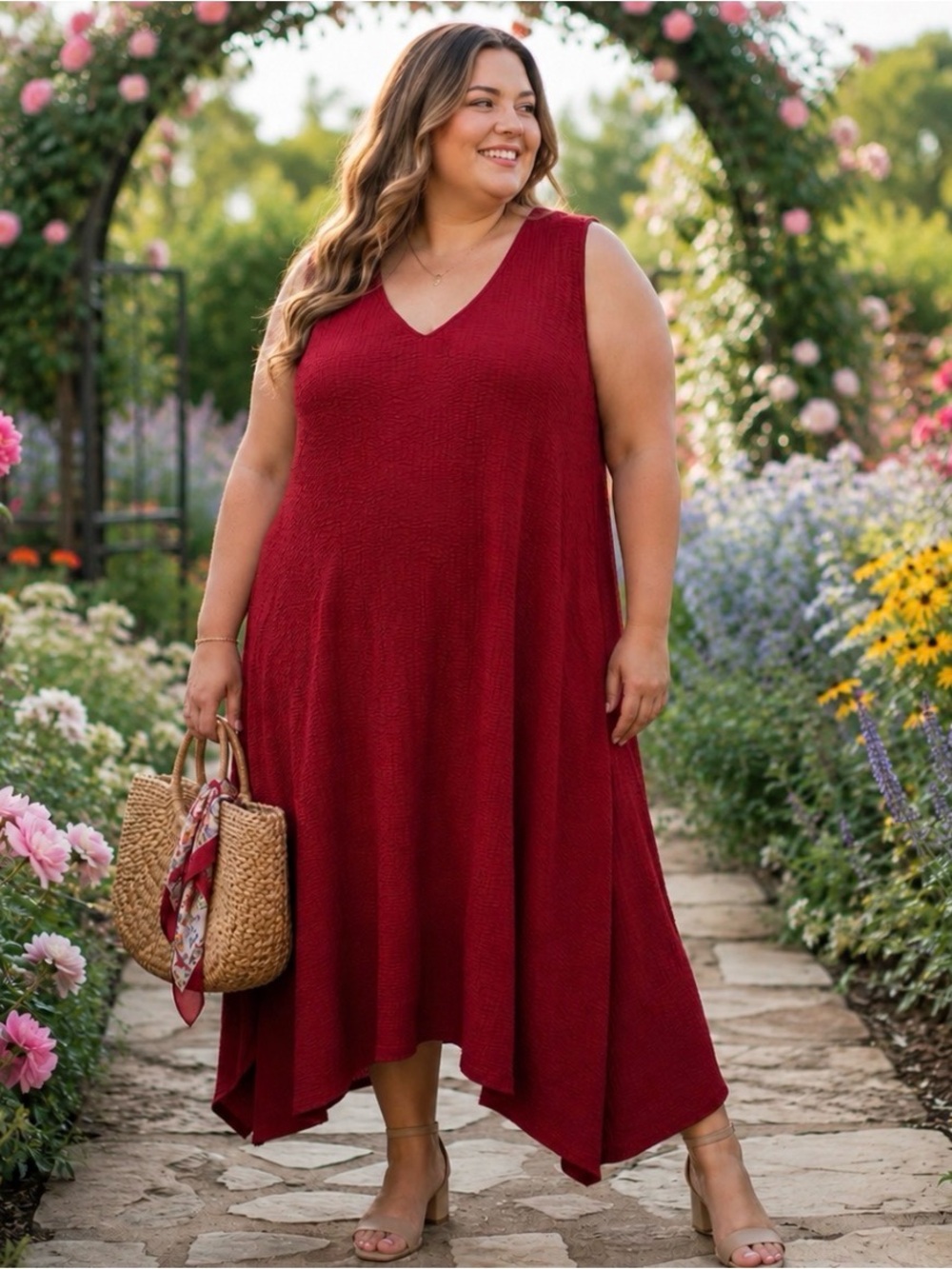 Travel Smith Plus -Size Sleeveless V-Neck Handkerchief Hem Dress in Deep Red